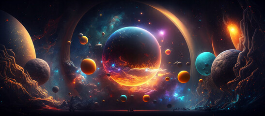 fantasy colorful galaxy with beautiful planets. generative ai.