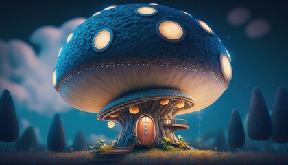  a mushroom house in the middle of a forest at night with lights on the roof and a staircase leading up to the entrance to the door.  generative ai