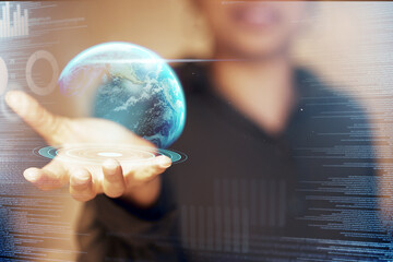 Aufkleber - Earth hologram, global network or woman hands with world data analysis, worldwide ai communication or globe networking. Future cloud computing network, holographic planet ui or night person overlay