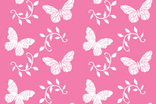 White Butterflies And Foliage Clustered On A Pink Background. Bicolor Texture Seamless Pattern. Cute Spring Vector.