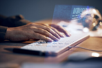 Leinwandbilder - Hologram woman, computer keyboard or hands programming ERP software server or coding cybersecurity system. Night programmer, future cloud computing script or developer typing machine learning ai code