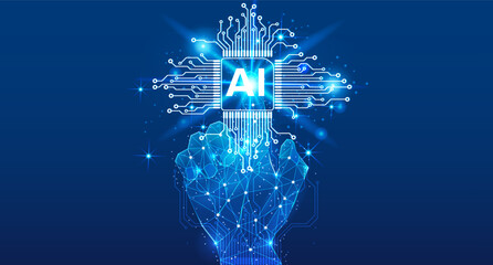 Leinwandbilder - Abstract AI blue digital low poly hand use finger pushing cpu. Learning business, UI with artificial intelligence technology concept vector.