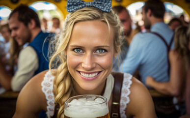 Wall Mural - young woman wears a dirndl and smiles, in a beer tent with other festival tent visitors at a folk festival or Oktoberfest, fictional location. Generative AI