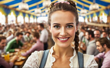 young woman wears a dirndl and smiles, in a beer tent with other festival tent visitors at a folk festival or Oktoberfest, fictional location. Generative AI