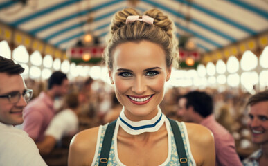 Wall Mural - young woman wears a dirndl and smiles, in a beer tent with other festival tent visitors at a folk festival or Oktoberfest, fictional location. Generative AI