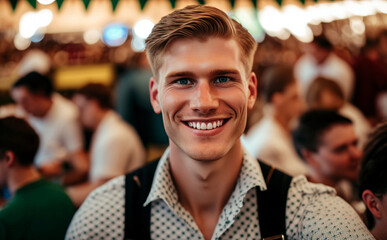 Wall Mural - young man smiles, in a beer tent with other festival tent visitors at a folk festival or Oktoberfest, fictional location. Generative AI