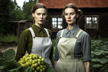 two young adult women in a garden with vegetables, work clothes or gardener's clothing, work or own garden. Generative AI