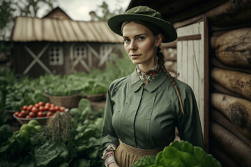 two young adult woman in a garden with vegetables, work clothes or gardener's clothing, work or own garden. Generative AI