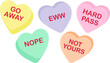© lyonstock - Candy heart sayings, bad sweethearts, anti valentines day sweets, sugar food message of hate on February 14 holiday, valentine graphic design clip art, stupid holiday, go away, hard pass, nope, funny