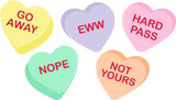 Fototapeta Zachód słońca - Candy heart sayings, bad sweethearts, anti valentines day sweets, sugar food message of hate on February 14 holiday, valentine graphic design clip art, stupid holiday, go away, hard pass, nope, funny