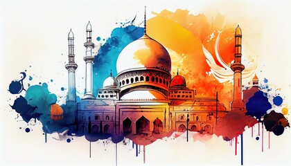 Wall Mural - water color painting Arabic Islamic Typography design Mawlid al-Nabawai al-Sharif greeting card with dome and minaret of the Prophet's Mosque. Generative Ai