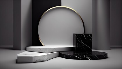 Sticker - Marble product display on black background with modern backdrops studio. Empty pedestal or podium platform. Generative Ai