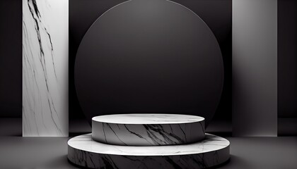 Sticker - Marble product display on black background with modern backdrops studio. Empty pedestal or podium platform. Generative Ai