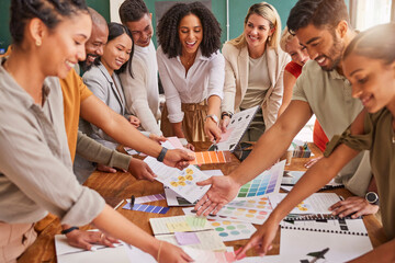 Canvas Print - Color, creative palette and business people in meeting on desk for branding logo, strategy and marketing design. Teamwork, collaboration and designers brainstorming ideas, thinking and project plan