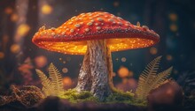 A Red Mushroom With Yellow Dots On It Sitting In The Middle Of A Forest Filled With Ferns And Fern Leaves, Surrounded By Bright Lights.  Generative Ai