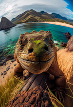 Highly Defined Macrophotography Selfie Of A Komodo Dragon On Top Of Island Tropical Indonesian, Generative AI