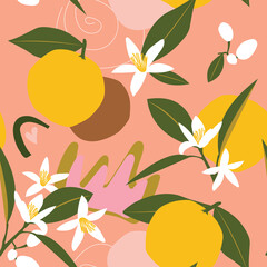 Wall Mural - Blossoming of oranges. Citrus tropical fruits on a pink background with green leaves create a cute seamless pattern for printing on fabrics. 