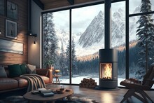 ?A Quaint Living Room Featuring A Modern Fireplace, A Striking Window Showcasing Snowy Mountain Peaks, AI Generation.
