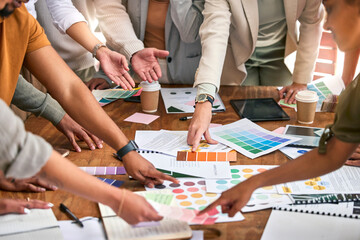 Aufkleber - Color choice, creative and hands of business people on desk for branding meeting, strategy and marketing design. Teamwork, collaboration and designers brainstorming ideas, thinking and logo project