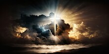 ? Of JesusThe Sky Beamed Brightly, Light Streaming Through Clouds, Silhouetted By The Holy Cross, Symbolizing Jesus' Suffering. AI Generation