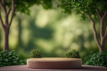 ? For TextA Wooden Podium, Empty And Perched Atop A Garden's Open Forest, Is Surrounded By A Blur Of Green Plants. Space Available For Text. AI Generation.