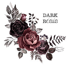 Dark Roses Floral Open Wreath Made In Vintage Victorian Gothic Style. Burgundy, Red, Maroon, And Black Rose Arrangement. Watercolor Flowers. PNG Clipart.