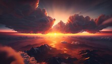 Aerial View Of Vibrant Sunset Over White Dense Clouds With Distant Dark Mountains On Horizon Generative AI