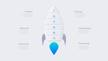 Concept Of 6 Steps To Start Work Project. Infographic Design Template. Neumorphic Rocket Illustration