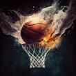 Basketball on hot fire smoke with explode ink art illustration, black background. GENERATIVE AI