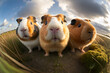 The three guinea pigs look curious as they discover the hidden wildlife camera in the outdoors. Beautiful natural animal portrait with fisheye effect and selective focus. Made with generative AI.
