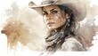 Cowboy girl portrait, woman with a cowboy hat, western riding. Watercolor illustration. Generative AI