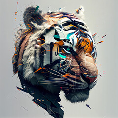 Wall Mural - A Tiger With Distorted Stripes, Glitched Eyes, And A Fragmented Body That Looks Like It's Breaking Apart. Generative AI