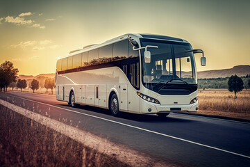 Intercity bus rides on a highway.	