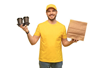 Portrait of delivery man in yellow uniform with paper packet and takeaway coffee isolated over transparent background