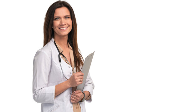smiling medical doctor woman with stethoscope. isolated over transparent background.