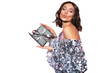 © opolja - Beautiful happy woman wearing sparkle dress with gift box at celebration party. Birthday or New Year eve celebrating concept. Transparent background