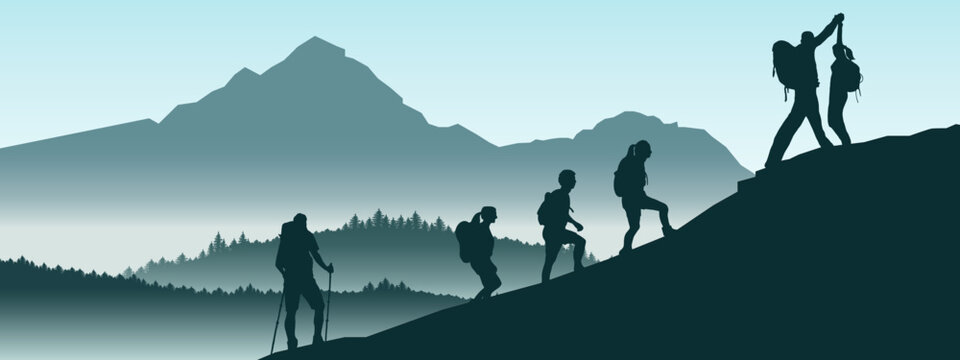 Fototapete - Silhouette of hikers group mountains forest woods in the morning, landscape panorama illustration icon vector for logo, hike hiking adventure travel background