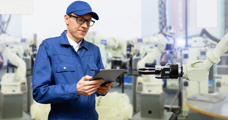 Poster - Engineer uses a digital tablet to control robots in a smart factory. Smart industry 4.0 concept	
