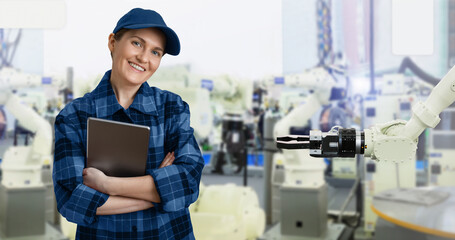 Aufkleber - Woman engineer uses a digital tablet to control robots in a smart factory. Smart industry 4.0 concept	