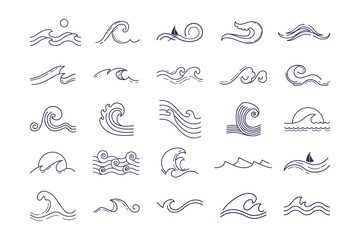 Simple sketch wave, sea icons. Doodle ocean curls, sketch sailing elements, line silhouettes. Minimalist logotype template. Outline marine company logo. Vector current cartoon illustration