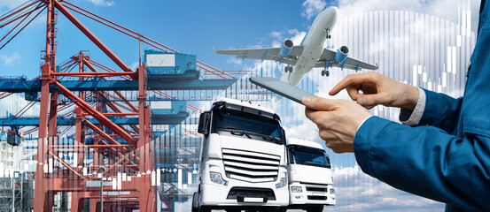 Poster - Hands with a digital tablet on a background of a ship loaded with containers in the seaport, airplane and trucks. International trade and logistics concept	