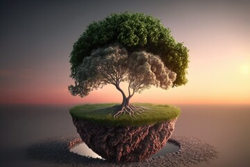 Poster - small tree growing with sunrise green world and earth Generative AI 2