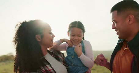 Wall Mural - Children, love and happy on a family farm with a girl, mother and father bonding or playing outdoor together. Kids, sustainability and cattle with a man, woman and daughter in agriculture or farming