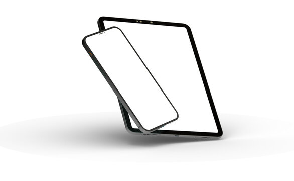 Black tablet computer with blank screen, isolated on white background