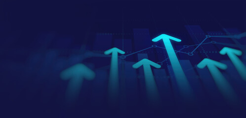 Wall Mural - Abstract financial graph with uptrend line and arrows in stock market on blue color background
