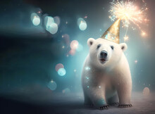 Polar Bear. Fireworks. Christmas Background. Christmas. Banner. Generative AI
