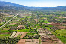 Aerial View Of A Valley With Farms, Ataeymir, Aydin, Turkey.