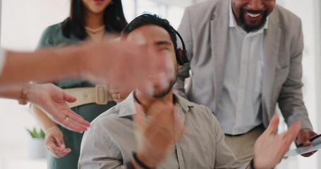 Poster - Applause, success and man celebrate at call center for target, bonus and sale with employees for congratulations on win. Contact us, CRM and telemarketing customer support men and women at computer