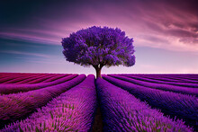 Abstract Blooming Purple Tree In Lavender Field In Holland. 3d Illustration. Generative AI