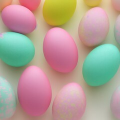 Wall Mural - Easter eggs background, pastel color painted eggs, top view. Generative AI